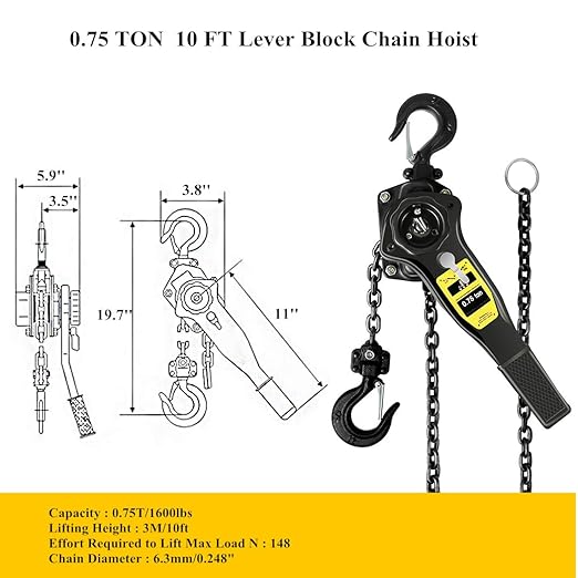 Lever Chain Hoist 2205LBS 10FT,1T Manual Ratchet Chain Puller Hoist for Building Garages Warehouse Automotive Machinery (2205LBS-10FT)