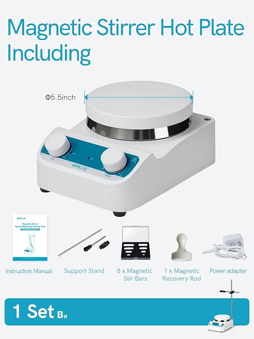 Magnetic Stirrer, 300-1500 RPM Magnetic Plate with 8 Sizes of Stir Bars, a Retriever, Max 536℉ Hotplate, Max Stirring Capacity 5000ml, Magnetic Mixer with Speed Control for Liquid Mixing MS-5LH
