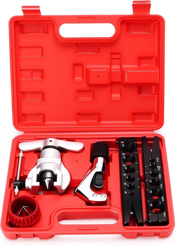 Flaring Tool Kit, Flare Tool HVAC, Copper Pipe Flaring Tool | 1/4''-3/4'' and 6-19mm 45° Eccentric Single Flare Tool with Tubing Cutter. For HVAC, Air Heaters, Refrigerators Maintenance