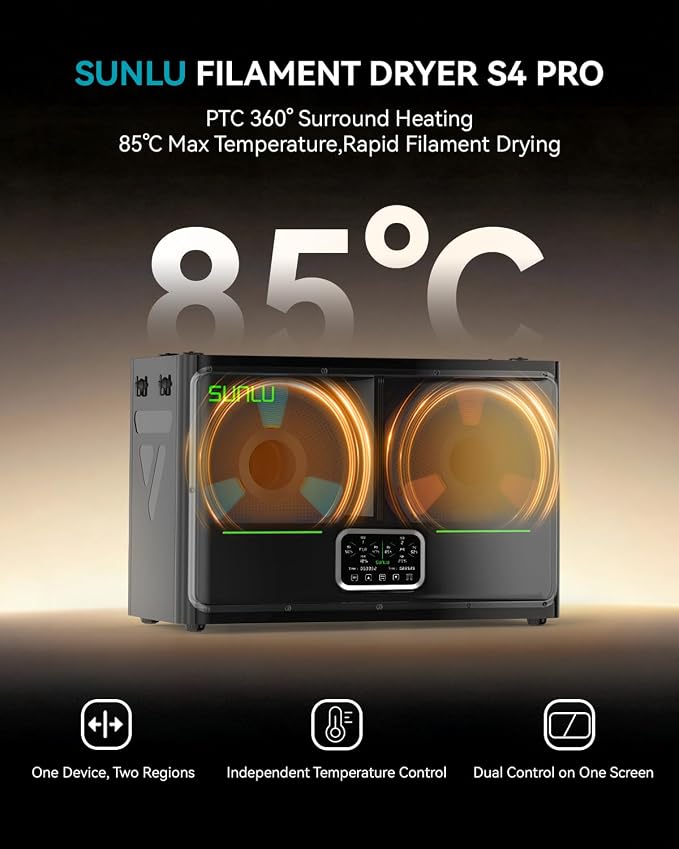 SUNLU 3D Printer Filament Dryer S4 Pro,Dual-Zone Temp Control,Black | up to 85°C,380W PTC Heater,Annealing,Auto Humidity Control,for ABS/PLA/PETG/Nylon