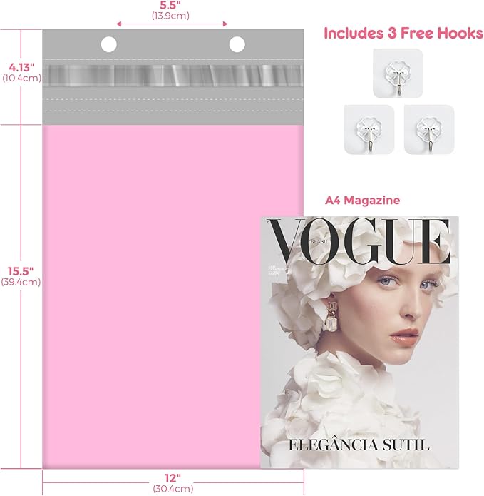 Fuxury Poly Mailers 12x15.5" 300PC Pink Shipping Bags for Clothing with Easy-Open Tear Strip & Easy-Store Hanging Holes, Strong Self-Seal Waterproof Shipping Envelopes Mailing Bags for Small Business