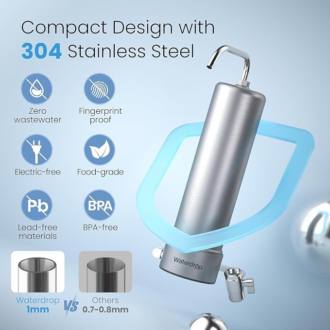 Waterdrop CTF-03 Alkaline Water Filter for Sink Faucet, NSF/ANSI 42 Certified Countertop Water Filter System, 5-Stage Stainless Steel Faucet, Reduces 99% Chlorine, 8000 Gallons, 1 Filter