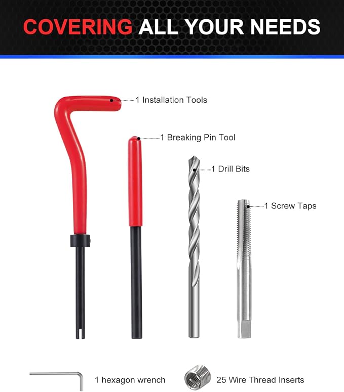 Kolvoii M8×1.25 Helicoil Thread Repair Kit, Metric M8 Helicoil kit with HSS Drill Bit, Tap & Stainless Steel Inserts for Motorcycle Engine, Chassis & Automotive Stripped Hole Repair