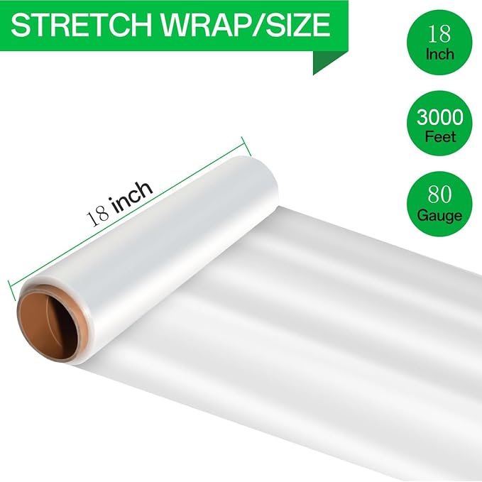 18in Stretch Wrap Roll, Heavy Duty 3000ft Shrink Wrap, Pallet Wrap 4 Pack | Industrial Strength, 80 Gauge, Clear Stretch Film, Self-Adhesive Cling, Plastic Wrap for Furniture Wrapping Shipping Moving
