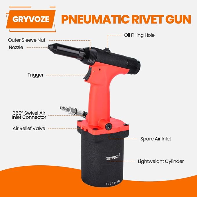 Pneumatic Rivet Gun Air Pop Riveter Tool Kit with 1/8", 5/32", 3/16", 1/4" Rivet Nozzles, Pneumatic Riveting Gun, Upgraded Air Riveter Hydraulic Pop Riveting Rivets Tool, No-Self-Suction