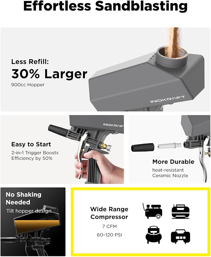 Inokraft Leak-Proof Portable Sand Blaster Gun Kit for 60-120 PSI Air Compressor, Mini Sandblaster for Rust & Paint Removal, Compatible with Aluminum Oxide, Soda, Perfect for Small Project