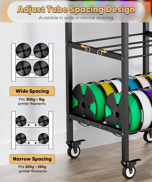 4-Tier 3D Printer Filament Storage Rack with Wheels, Rolling Spool Holder Stand Cart, Holds up to 48×1kg Spools, Heavy Duty Metal Filaments Organizer Shelf for Printing Studio Office Workshop