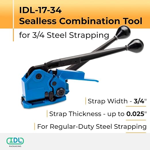 IDL Packaging IDL-17-34 Sealless Combination Tool for 3/4" Steel Strapping - 3-in-1 Tensioner, Sealer, and Cutter - Combination Metal Strapping Tool - Durable Banding Tool with Long Service Life
