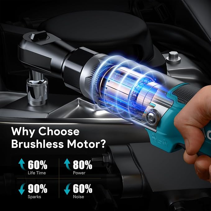 3/8" Cordless Ratchet Wrench for Makita 18V Battery, Brushless Motor | 74Ft-Lbs Electric Ratchet with Variable Speed, 1/2" & 1/4" Adapters, 3" Extension Bar (Tool Only)