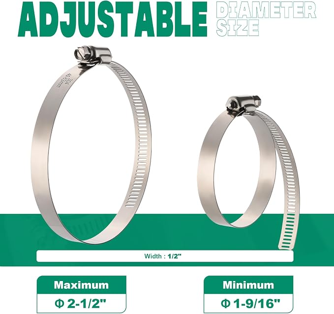 OURU 10PCS Hose Clamps Stainless Steel Adjustable 1-9/16"-2-1/2"(40-63mm) Worm Gear Hose Clamp, Heavy Duty Metal Small Hose Clamps for Automotive, Pipe, Radiator Plumbing, Fuel Line