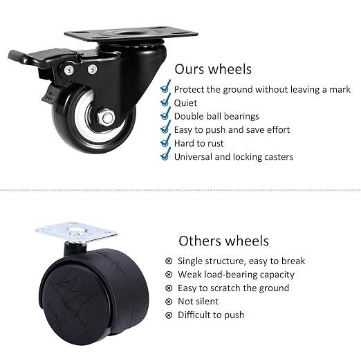 Casters, 2" Caster Wheels，Casters Set of 4 Heavy Duty - ASRINIEY Black Polyurethane Castors, Top Plate Swivel Wheels, 4-Pack Industrial Casters with Brake, Locking Casters for Furniture and Workbench