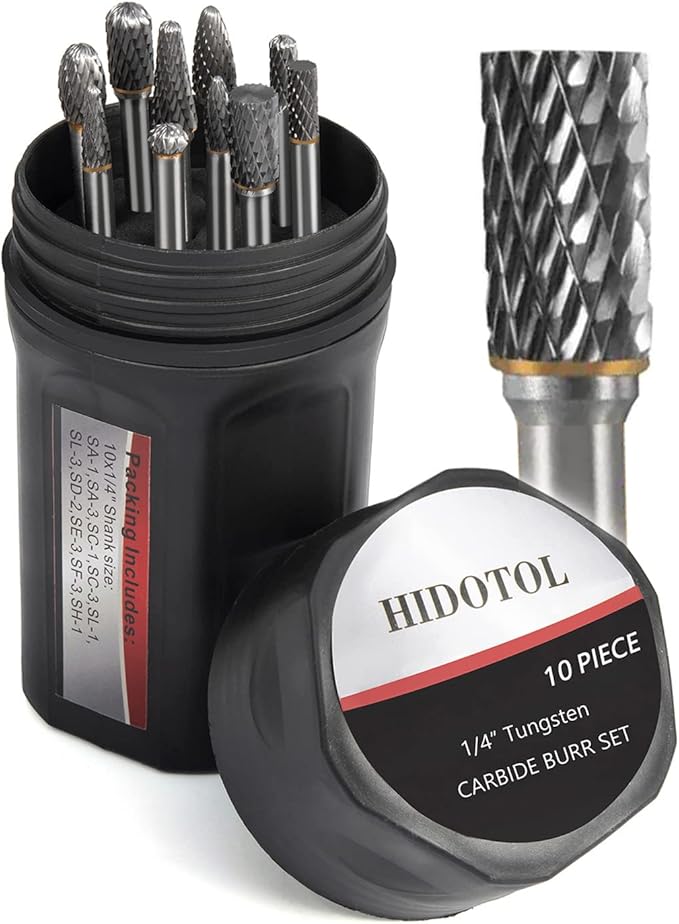 HIDOTOL Carbide Burr Set 1/4" Shank 10PC Tungsten Double Cut Carbide Rotary Burr Set for Metal and Wood Carving, Grinding, Polishing, Engraving, Drilling in Sturdy Round Case.