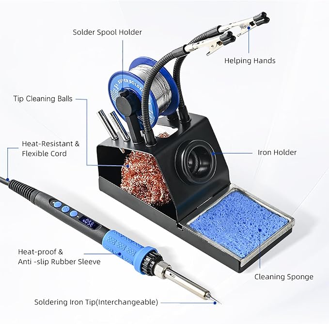 Soldering Iron Kit, 100W High Power LCD Soldering Iron, 2 Helping Hands Soldering, Flux, Iron Tips, Tin Wires, Solder Sucker, Tweezers. °C/℉ Conversion, Auto Sleep，Temperature Calibration