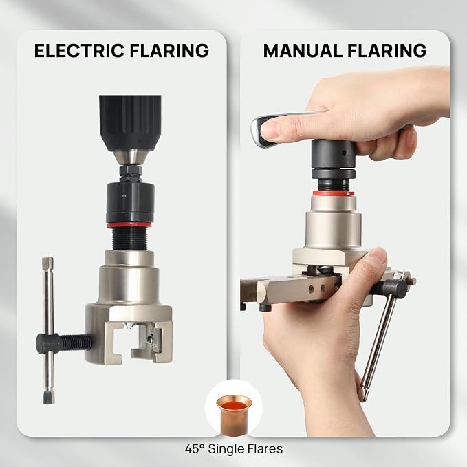 TURBRO HVAC Flaring Tool for 1/4’’ to 3/4’’ Pipes, Electric and Manual Flaring Tool, Compatible with Drills, Eccentric Cone Type for 45 Degree Single Flares, for Copper and Aluminum Pipes