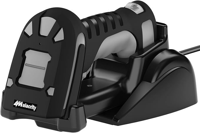 Alacrity Long Distance 1D 2D Industrial Barcode Scanner, Wireless Charging Cradle, 433Mhz Wireless & Bluetooth Barcode Reader, Shock Dust Proof Hands Free, Grey
