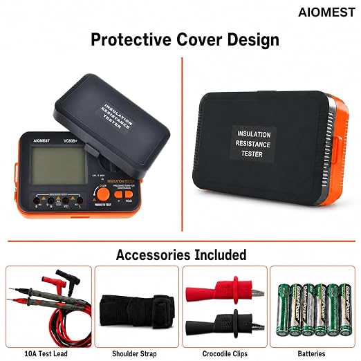 AIOMEST Digital Megohmmeter Megaohm Meter with 250V/500V/1000V Test Voltage Testing Insulation Resistance IR 0.1MΩ~2GΩ, Measure AC DC Volt Ohm, Continuity Tester, Megaohmeter w/Over-Range Indicator