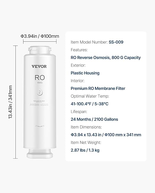 VEVOR Reverse Osmosis Filter, 11-stage Reverse Osmosis Water Filter Replacement, Compatible with SS-005 800 GPD Under Sink Water Filter, 24 Months RO Filter Cartridge, Reduces Lead & Chlorine, Rust