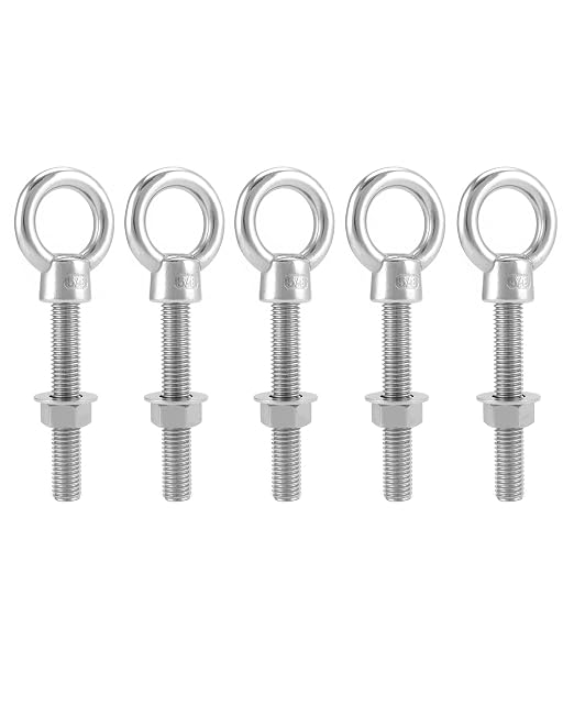 QWORK 5/8" x 4" Stainless Steel Shoulder Eye Bolts – 5 Pack Threaded Heavy Duty Fasteners for Wood, Metal & Cable Mounting