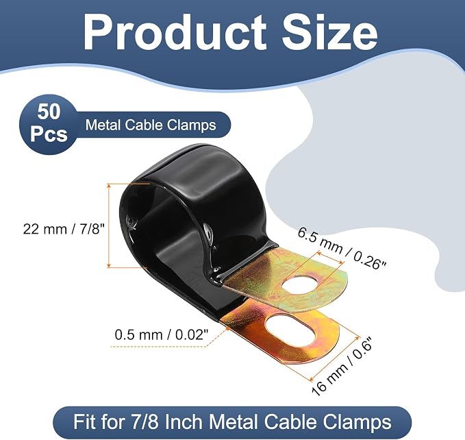 PATIKIL 7/8 Inch Vinyl Coated Cable Clamps, 50 Pack Galvanized Steel Metal Cable Clips Rubber Cushion Insulated Pipe Clamps for Tube Lines Cord Wire Management, Black