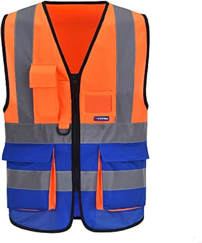 A-SAFETY High Visibility Reflective Vest, Mic Tabs, Zipper, Orange/Blue, M | Orange/Blue M work vest with reinforced pockets, black front zipper and clear ID holder for utility maintenance; unisex.