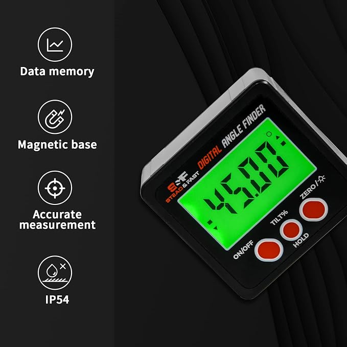 S&F STEAD & FAST Digital Angle Finder Magnetic with Case, Digital Angle Gauge, Backlit LCD, IP54, ±0.2° Accuracy for Table Saw, Woodworking, Construction