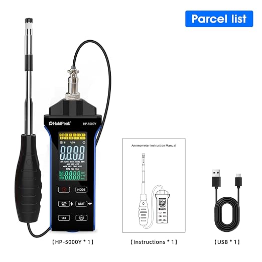 HOLDPEAK Professional Hot-Wire Anemometer, High-Precision Digital CFM/CMM Air Velocity Meter Wind Speed Gauge, HVAC Wind Temperature Tester with Telescopic Probe, Backlit LCD, USB Data Export