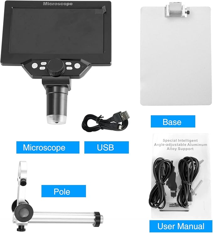 Koolertron 7" 12MP Digital Microscope, 1200X Magnification, 1080P USB Camera, 32GB TF Card, PC View, Rechargeable, LED Lights for Coin/PCB/Jewelry/Plant/Rock Inspection