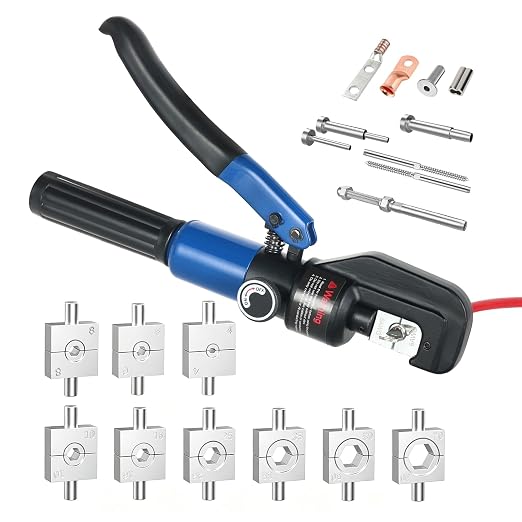 10 Tons Hydraulic Crimping Tool Kit Cable Lug Crimper Battery Terminals Crimping Tool with 9 US Standard Chromed Hexagonal Dies 12 AWG to 00 (2/0), 1/8" for Stainless Steel Wire Rope