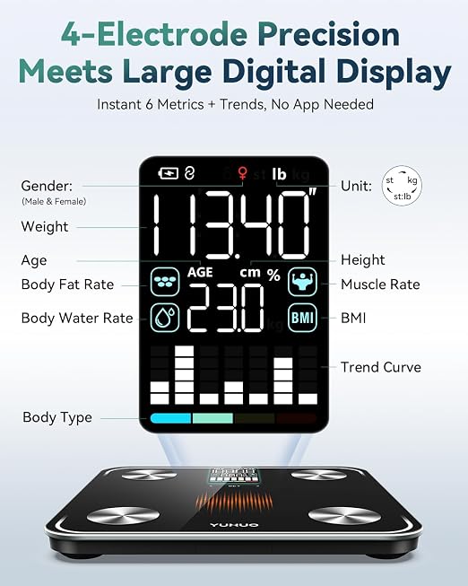 YUHUO Smart Scale for Body Weight, 4-Electrode BIA Body Composition Scale with High Precision, Large LED Display, Digital Bathroom Scale for BMI, Body Fat, Muscle Mass, 18 Metrics Sync APP, 400lb