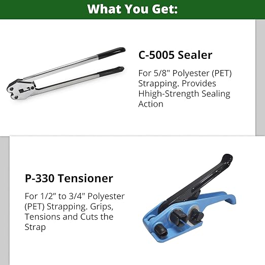 IDL Packaging - P-330, C-5005 Strapping Tool Set for 5/8" Polyester (PET) Strapping - Tensioner and Sealer for Plastic Polyester Banding - Packaging Strapping Tool Kit