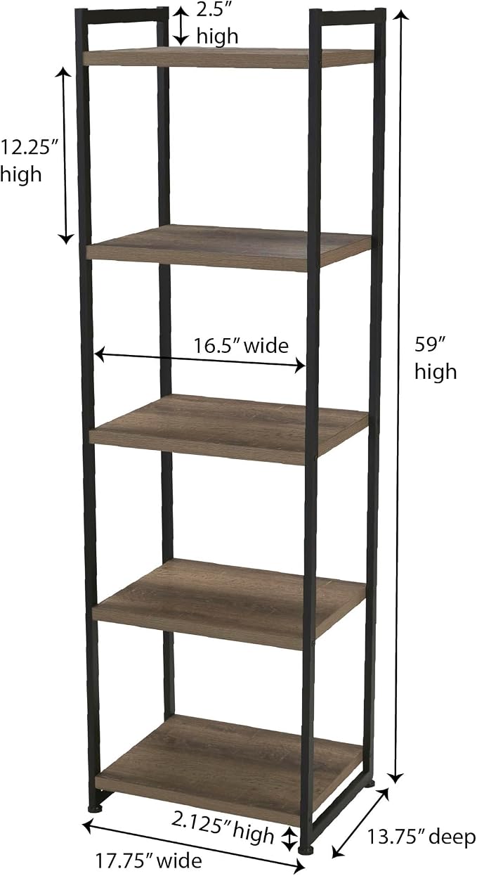 Household Essentials 5 Tier Storage Tower Metal, Grey Shelf – Black Frame, Ashwood