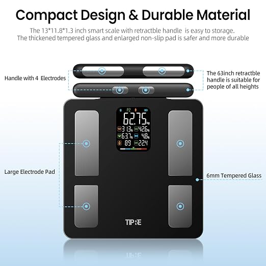 TIPRE Smart Scale for Body Weight 8-Electrode Digital Weight Scale for Body Fat Bathroom Scale with BMI Full Body Composition Analysis with Bluetooth Health Monitor for Weight Loss, 400lb