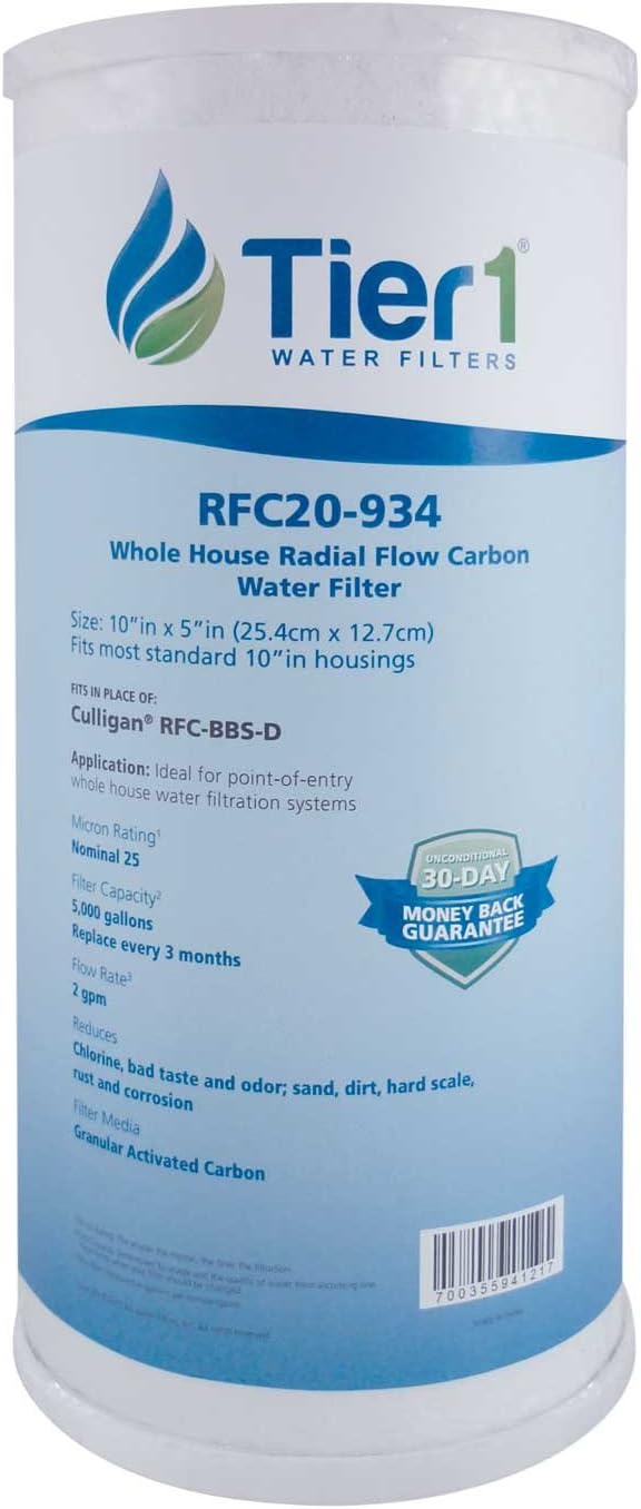 Tier1 25 Micron 10 x 4.5 Whole House Radial Flow Carbon Block Water Filter | Replacement for Pentek RFC-BB, FXHTC, 155141-43, WRC25HD | High Flow Carbon Filtration | 4.5 x 10 Water Filter Cartridge