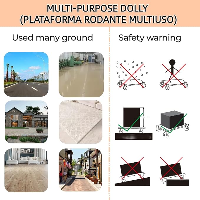 Furniture Dolly 4 Wheels, Furniture Movers, 2 Packs 2200 lb Load Capacity Heavy Duty Real Wood Dolly, Multifunctional Moving cart with 4 Soft Rubber Silent Wheels （2 with Brake+ 2 Without）