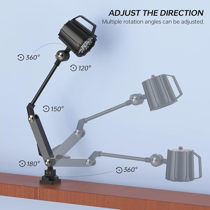 Articulating Led Work Light, 18W Black Machine Lights, 2160 Lumens Flexible Wood Lathe Light Drill Press Lighting 110-220v