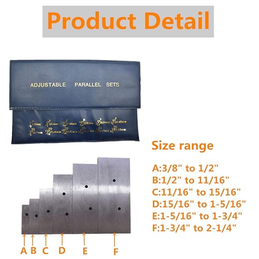 findmall 6 Pcs Adjustable Parallel Set 3/8" - 2-1/4" Hardened Steel Accuracy Parallels Set for Layout Inspection Stop Work Set-Up Etc