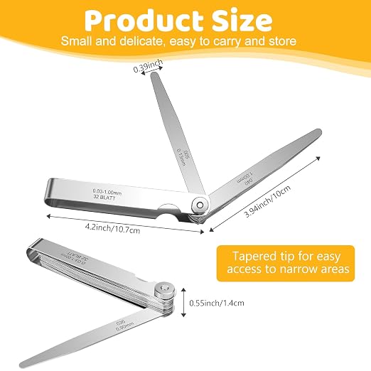 32 Blades Stainless Steel Feeler Gauge, Metric and Imperial Gap Measuring Tool Width and Thickness Feeler Gage Gauge for Spark Plug, Valve Adjustment Tool, 0.03-1mm (0.001-0.040 Inch)