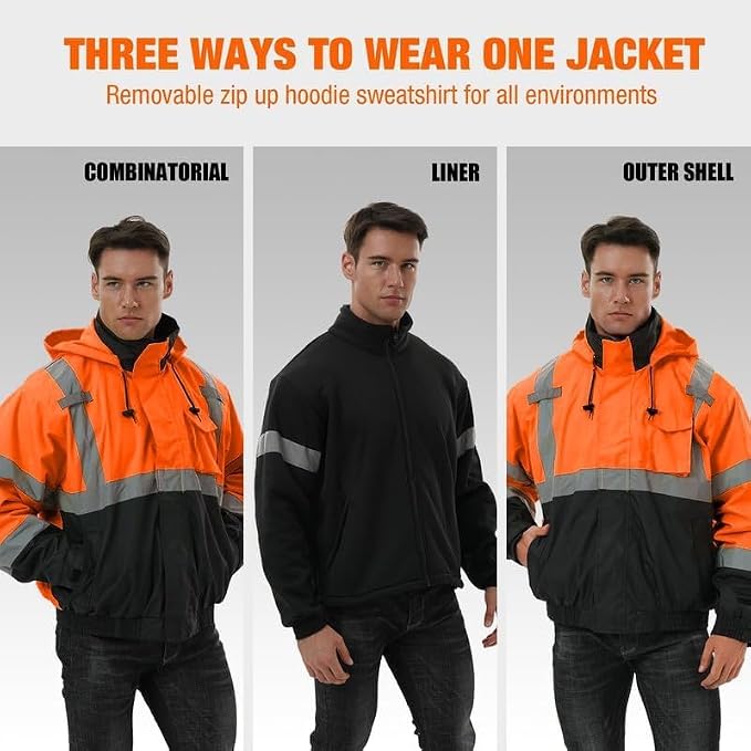 SKSAFETY 3-in-1 High Visibility Winter Bomber Jackets Zip Out Fleece Liner Reflective Safety Coats for men Waterproof ANSI/ISEA Class 3(Orange 6XL)