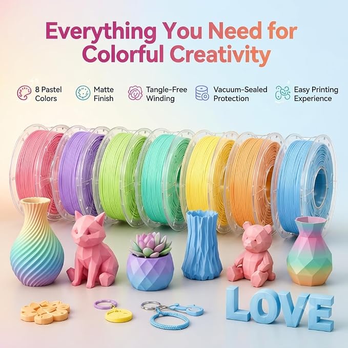 Matte Pastel PLA Filament Bundle 1.75mm, Macaron 8 Colors 250g/Spool (2KG Total), Neatly Wound Transparent Acrylic Spools for 3D Printer Pen DIY Crafts, Individually Vacuum Packed
