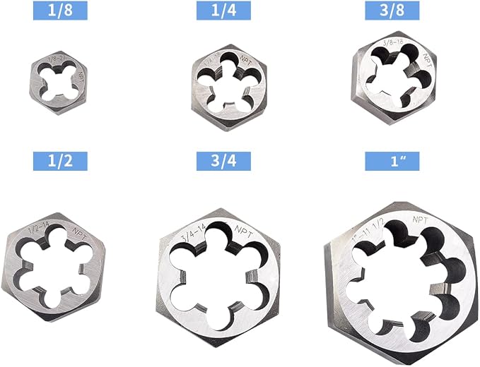 NPT Pipe Hex Die Set 6 Pcs Cartbon Steel 1/8"-27 1/4"-18 3/8"-18 1/2"-14 3/4"-14 1"-11 1/2