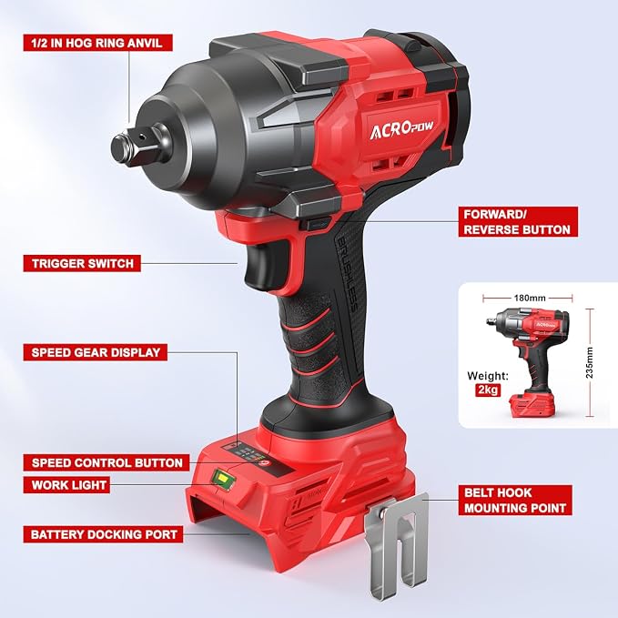 Cordless Impact Wrench for Milwaukee 18V Battery | 1/2 Inch Brushless Motor High Torque Power Impact Gun, 1000 Ft-lbs(1360NM), 3-Mode Speed, LED Light(Bare Tool Only)