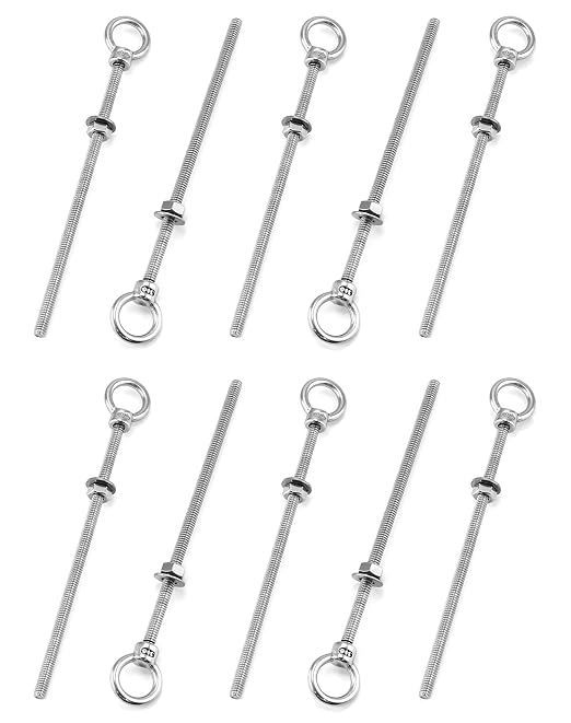 QWORK Threaded Eyebolts, 10 Pack 1/4" x 6" Long Stainless Steel Marine Grade Shoulder Eye Bolt