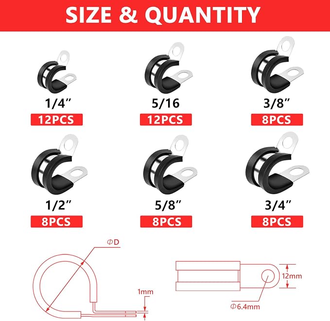 Newdeli 56Pcs Cable Clamps Assortment Kit 6 Sizes 1/4" 5/16" 3/8" 1/2" 5/8" 3/4" Stainless Steel Cable Clamp Rubber Cushioned Hose Clamp Insulated Automotive Wire Pipe Clamps