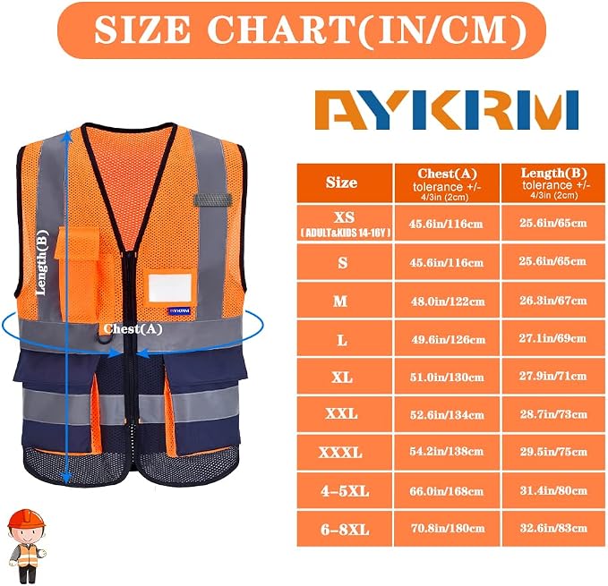 A-SAFETY Hi-Vis Mesh Vest, Breathable, Black Front Zipper, Orange/Navy, XS | Orange/Navy XS mesh vest with 7 pockets, transparent ID pocket and radio mic loop for utility work and site supervision.