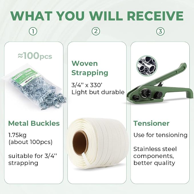 Banding Strapping Kit 3/4" x 330' Woven Cord, 2500lbs | Pallet Strapping Tool 2500lbs Tensile Strength Packaging Strapping Kit with 100pcs Metal Buckles, Upgraded Tensioner
