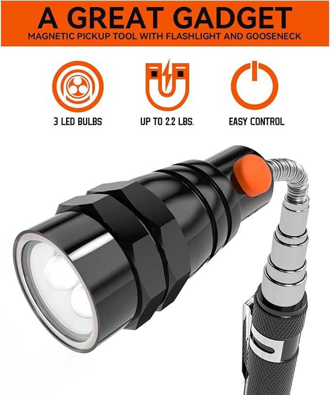 VIBELITE Gifts for Men, Magnetic Pickup Tool with LED, Telescoping Magnet Flashlight, Cool Gadgets Birthday Gifts for Him, Dad, Teen Boys, Husband, Handyman, Boyfriend, Mens Gifts, Black