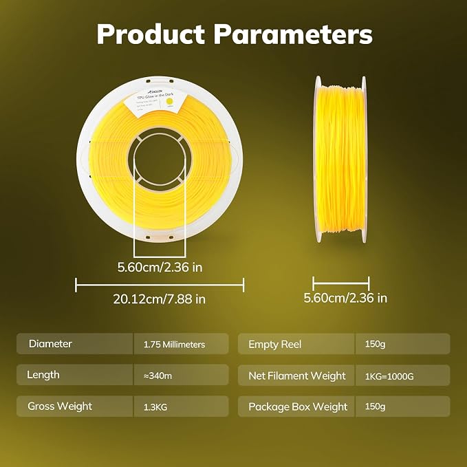 AMOLEN 95A TPU 3D Printer Filament, 1.75mm Glow in The Dark Yellow, Soft TPU Flexible 3D Printing Filament, Best with UV Lamps, 1kg Spool, Dimensional Accuracy +/- 0.02 mm, Fit Most 3D Printers