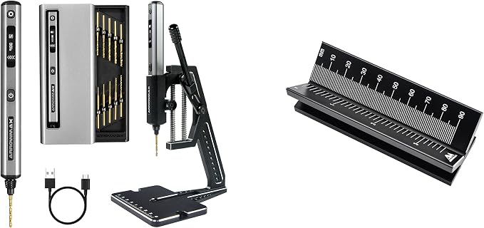 AM ARROWMAX 5-Speed Mini Electric Drill Pen with Benchtop Drill Press & AM ARROWMAX CNC-Aluminum V-Block