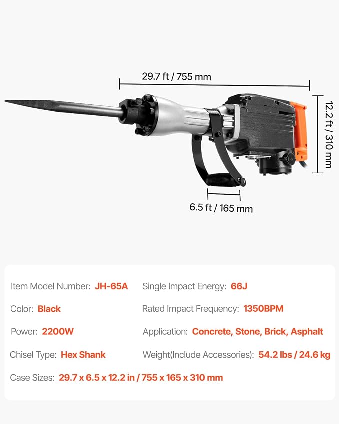 VEVOR Demolition Jack Hammer 2200W Electric Jackhammer Concrete Breaker | For Concrete Demolition, 1350 BPM, 360° Rotary Handle, Heavy Duty, Portable, with 4pcs Chisels Bit and Storage Case, Black