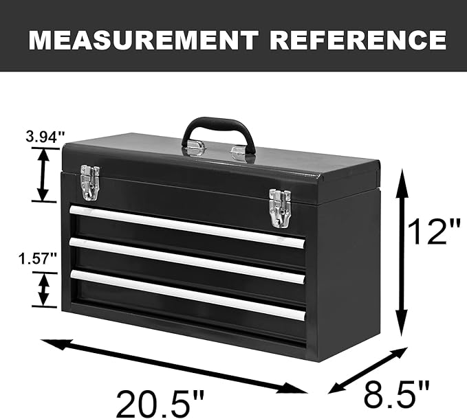BIG RED 3 Drawer 20“ Metal Tool Box Portable Steel Tool Chest with Metal Latch Closure for Garage, Home and Workbench,Black,ANTBD133-XT